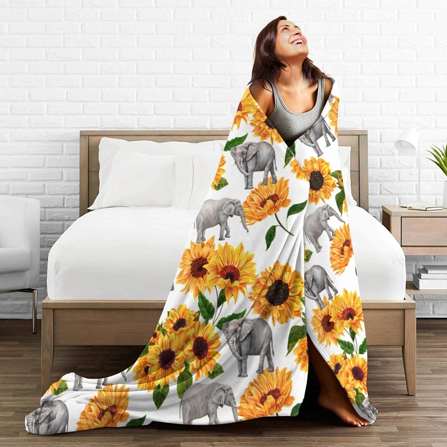 Elephant Sunflower Throw Blanket Warm Cozy Plush Bed Blankets for Sofa Couch Bedroom,Sunflower Elephant Gifts for Women Adults 50"X40"