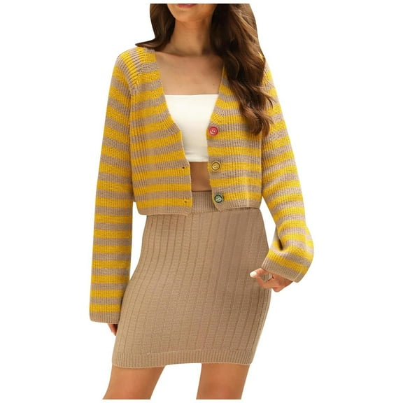 Kilaqueen Best Cardigans for Women Striped Button Down Cropped Knit Cardigan Lightweight Open Front Long Sleeve Sweaters