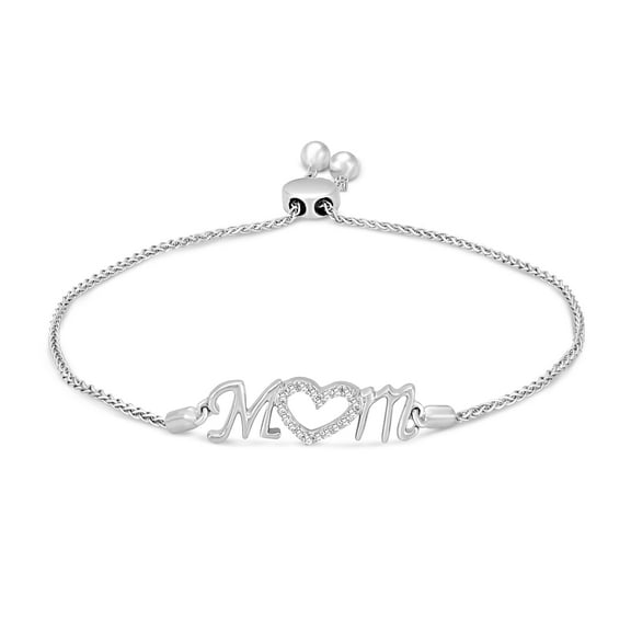 ARAIYA JEWELRY 925 Sterling Silver Diamond Mom Heart Bolo Bracelet for Women (1/10 Cttw, I-J Color, I2-I3 Clarity), 7"
