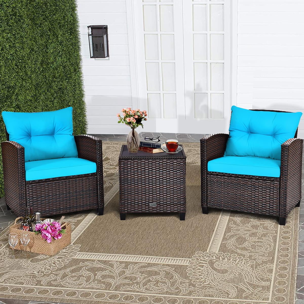 Giantex 3 Pieces Patio Furniture Set, PE Rattan Wicker 3 Pcs Outdoor Sofa Set w/Washable Cushion and Tempered Glass Tabletop, Conversation Furniture for Garden Poolside Balcony (Turquosize)