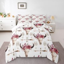 Manfei Farm Bull Skull Queen Comforter Set,Retro Aztec Geometric Bedding Sets,Pink Rustic Flower Bedding Comforter Set For Teen Boy,Ultra Soft Home Decor,3-Piece