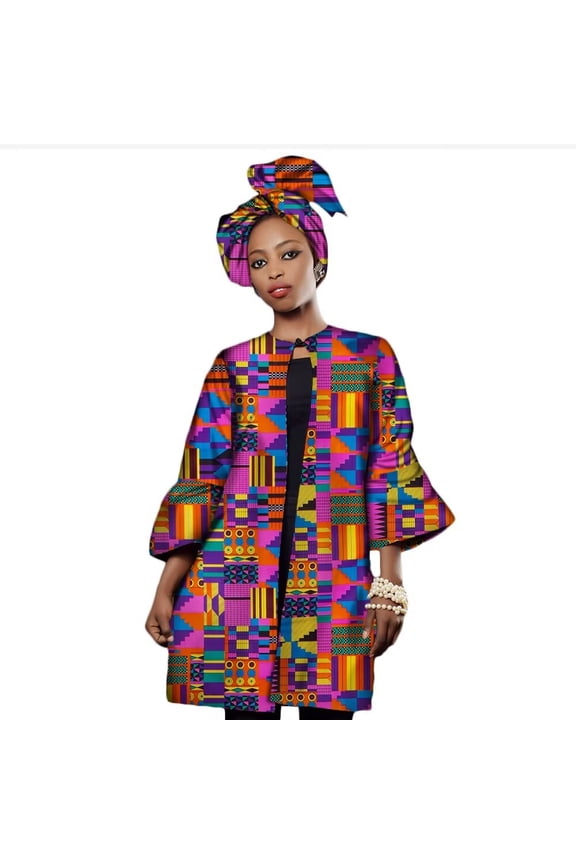 Women African Print Clothing Dashiki Three Quarter Sleeve Trench Coat for Women Plus Size Africa Clothes Tops with Headtie Women's coat WWY2322