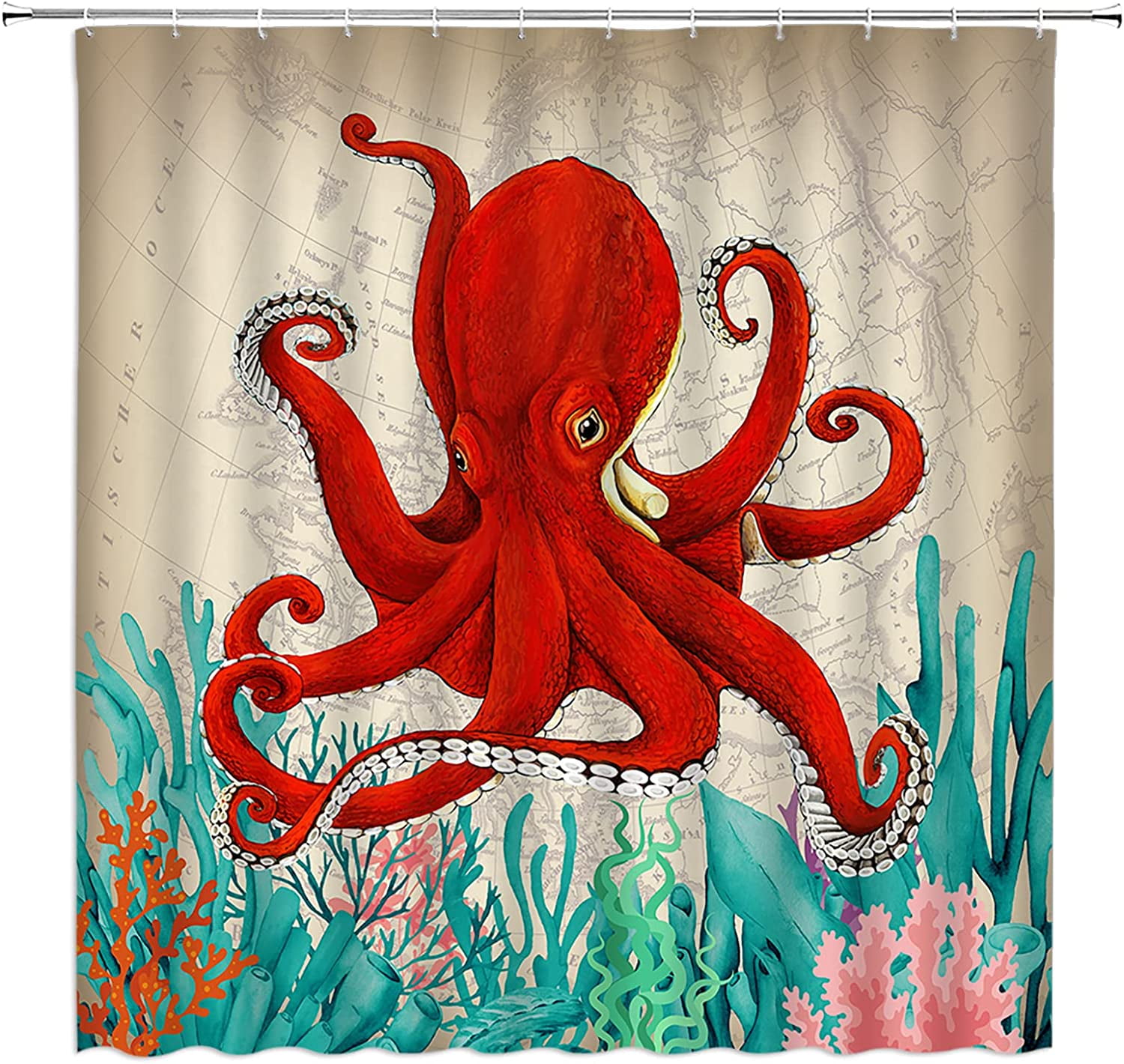 Octopus Shower Curtain Nautical Ocean Kraken Red Octopus Tentacles
