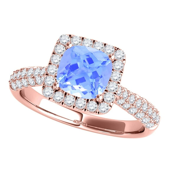 Rings for Women 0.98 Carat Diamond and Cushion Cut Aqumarine pave 10K Rose Gold