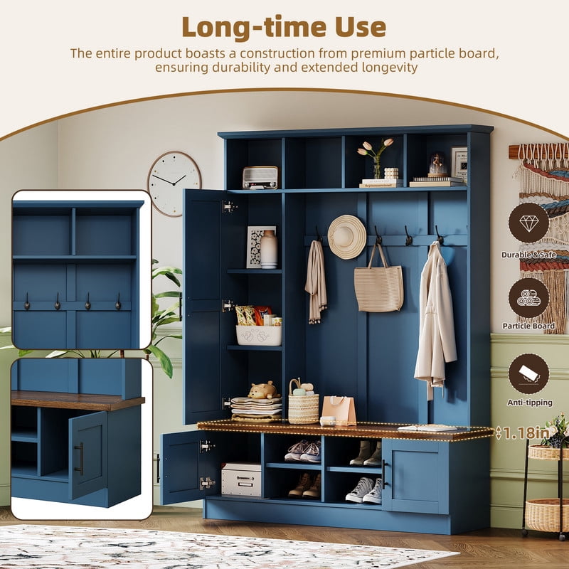 Farmhouse 3-in-1 Hall Tree with 6 Hooks, Entryway Coat Rack with Adjustable Shelves, Versatile Shoe Storage Bench with Open Cubbies