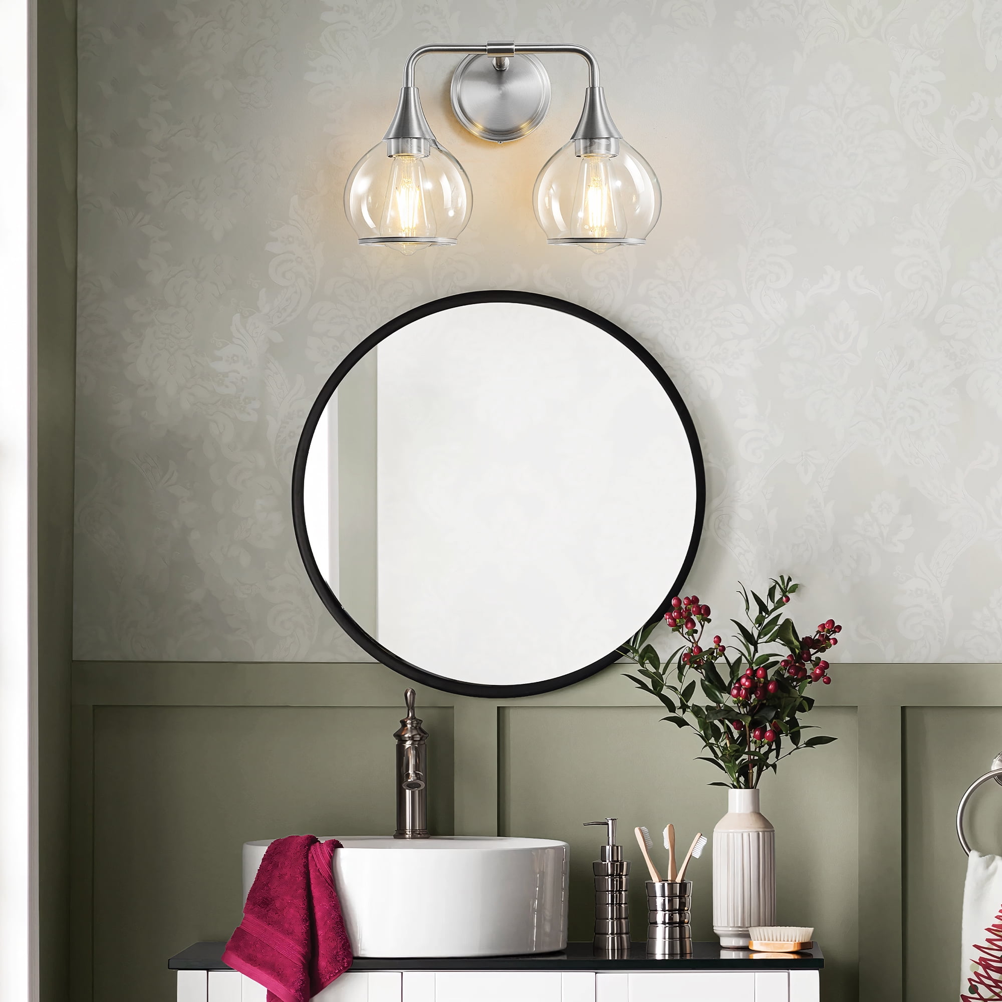 Brushed Nickel Bathroom Wall Sconce 2 Lights Bathroom Light Fixtures Over Mirror with Clear Glass Shade Vanity Light  Lighting