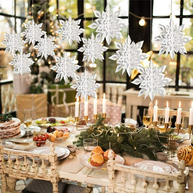Winter Wonderland Frozen Party Snowflakes Decorations White 12pcs Hanging  3D Paper Snowflakes and Snowflake Garland for Christmas Birthday Party