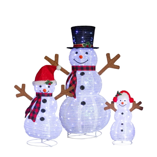 3-Pack Lighted Snowman Family Christmas Decorations, 270 White LEDs, Weather-Resistant Metal Frame, for Indoor, Outdoor Use