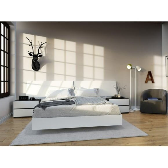 Nexera 400655 4-Piece Bedroom Set With Bed Frame, Headboard & Nightstands, Queen|White & Ebony