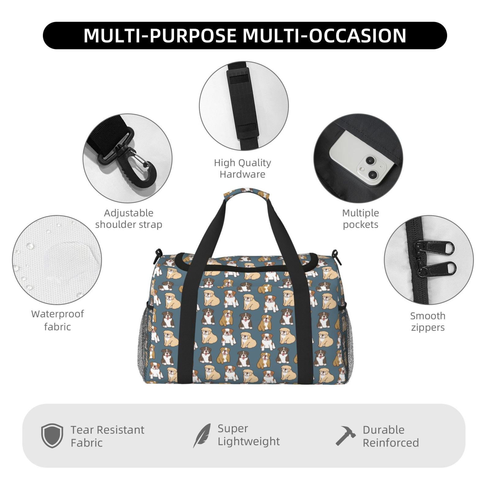 Fuzoiu Cartoon Bulldog 1 Print Travel Duffle Bag,Carry On Tote Bags,Duffel Bag,Sport Gym Bag, Hospital Bag for Labor and Delivery, Overnight Bag,Luggage Bag