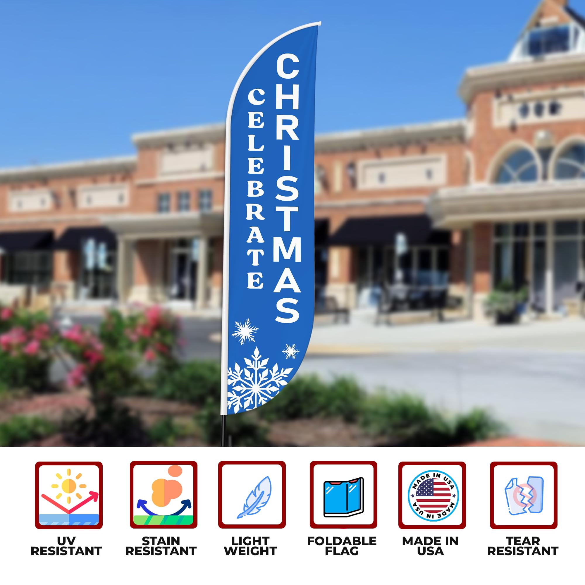 Celebrate Christmas Sign feather flag Pole kit for Outdoor by Mavis | 15 FEET Tall Polyester Banner Flag Pole Mount with Cover Easy Hang | HD Print Swooper Flags Promote Church Activity