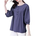 thumbnail image 3 of BiZtdJrK Womens Plus Size Cotton Linen T Shirts Pleated Front 3/4 Length Puff Sleeve Casual T Shirt Button Crew Neck Summer Vacation Tunic Tops Purple M, 3 of 5