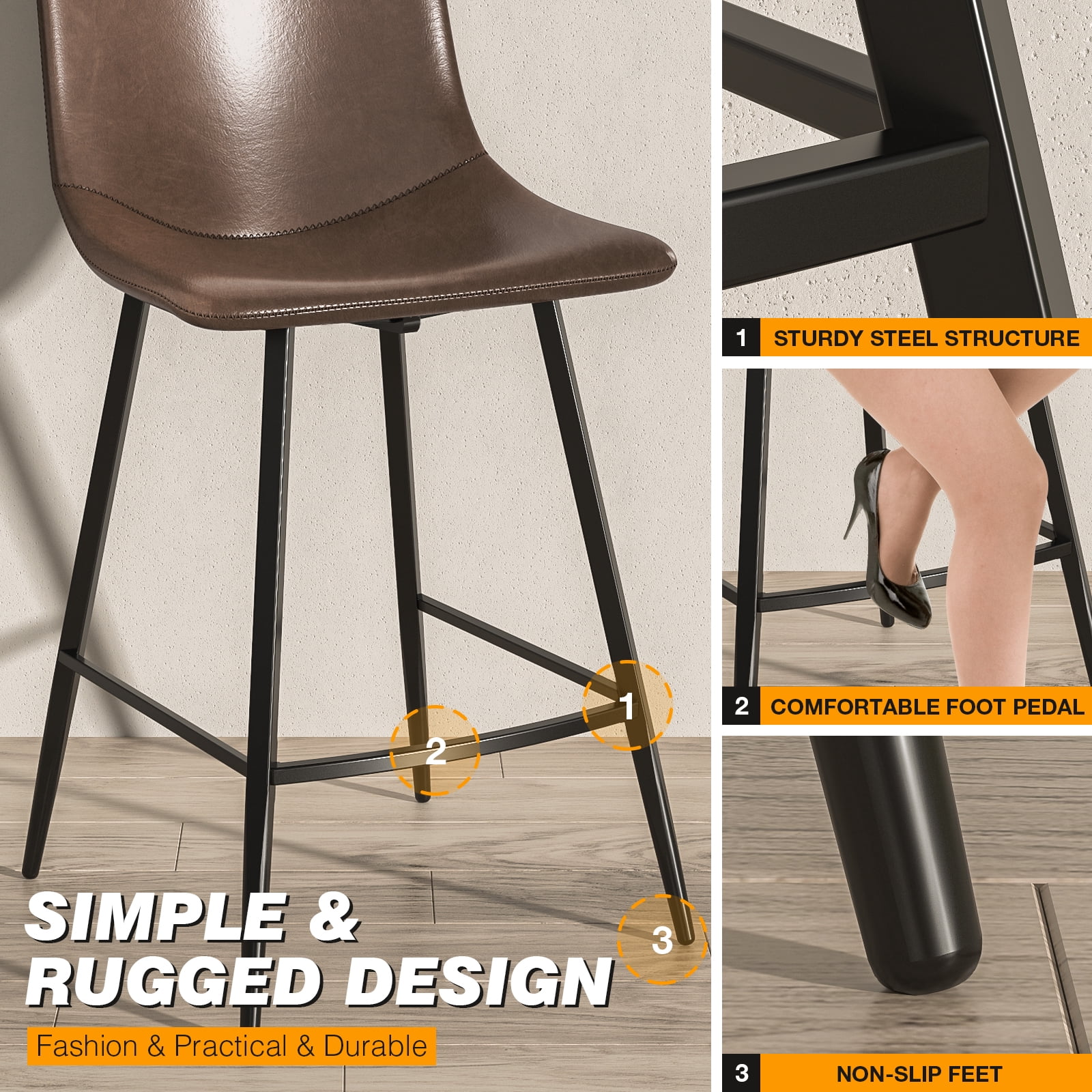 TAVR Furniture 600 lbs Counter Height Bar Stools Set of 3, 24 inch Faux Leather Barstools with Back, Bar Chairs with Metal Legs for Kitchen Island, Dining Room, Brown