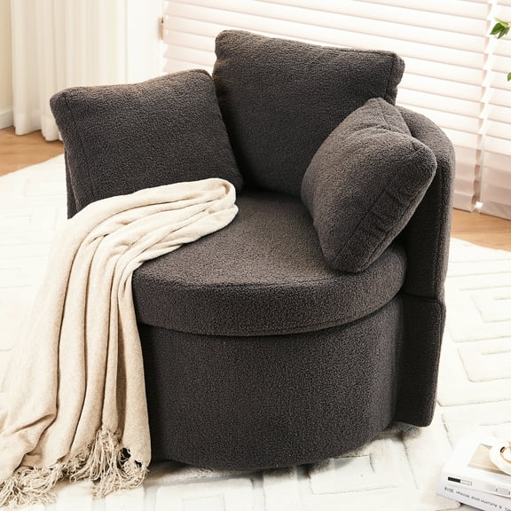 Dark Gray Fabric Chair With Swivel Base And Storage For Bedroom Use 360° Upholstered Back Living Room