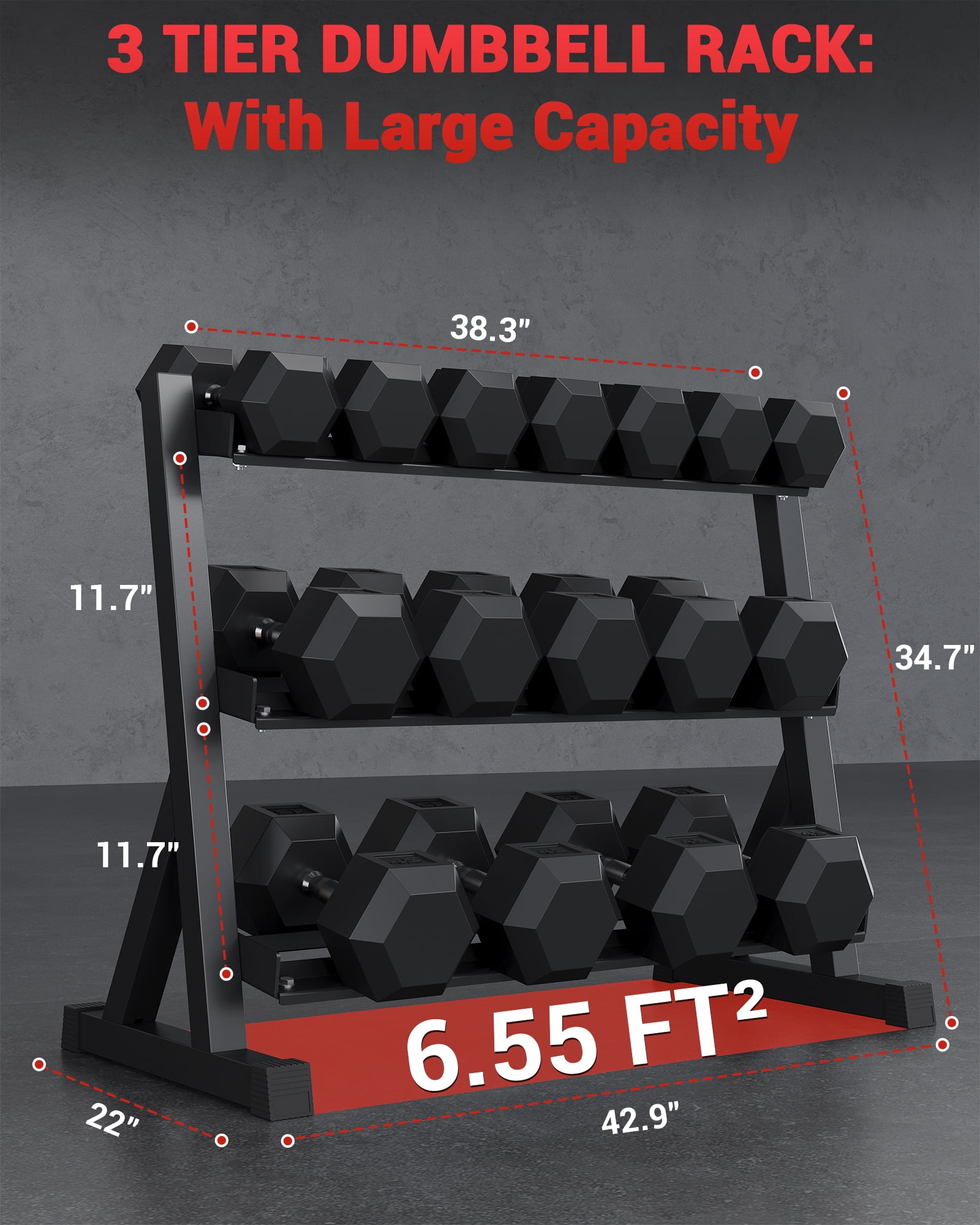 Volkmi 3 Tier Dumbbell Rack Stand, Carbon Steel Weight Storage Rack for Dumbbell Set, 1000 lb Capacity, Black Finish, Angled Shelves for Home Gym, Garage, and Commercial Use