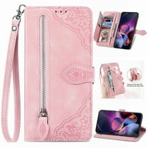 ELEHOLD Luxury Folio Wallet Case for Motorola Moto G Stylus 5G 2024, Embossed Flower Pattern 7 Card Slots Zipper Pocket Wrist Strap Kickstand Case Cover for Moto G Stylus 5G 2024, Pink
