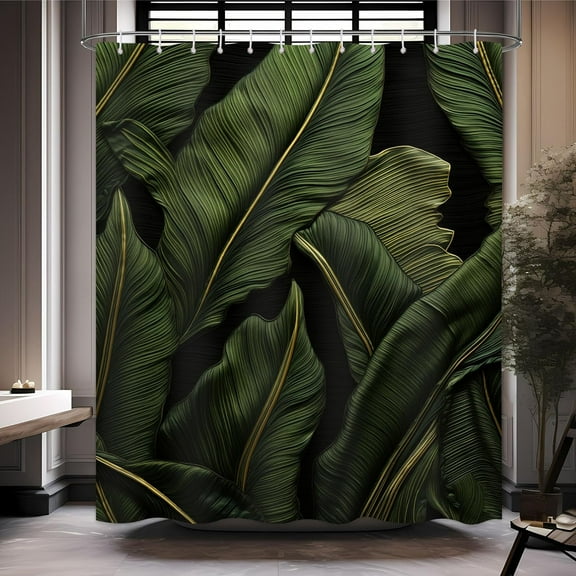 Tropical Palm Leaf Shower Curtain Dark Green Golden Banana Leaves Bathroom Tropical Jungle Palm Tree Hawaiian Bathroom Decor Set with12 Hooks 72x72 inches (B)