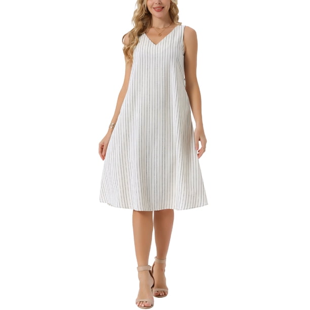 Vestido de lino sin mangas para mujer Inspire Chic, con escote en V, cinturilla con lazo, corte A, vestido de verano con bolsillos, color beige