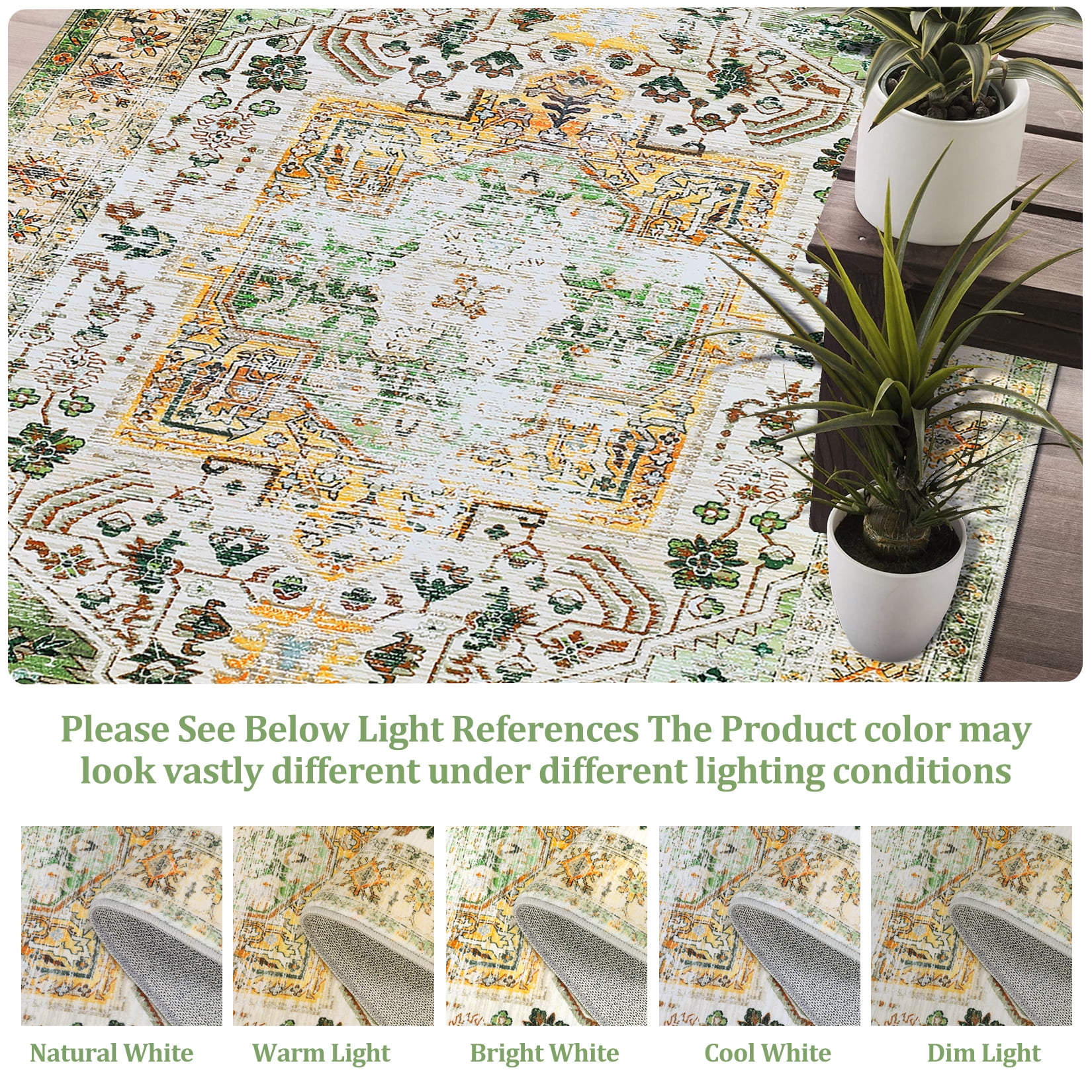 Hasoo Large 9' x 12' Vintage Area Rug for Living Room Bedroom Washable Floral Carpet, Green