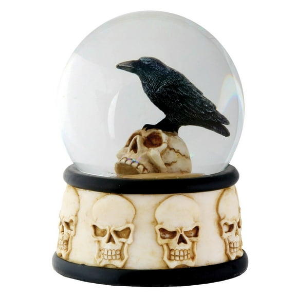 Ebros Small Day Of The Dead Edgar Allan Poe Raven Perching On Skull Glitter Water Globe Collectible Figurine 3.5"Tall