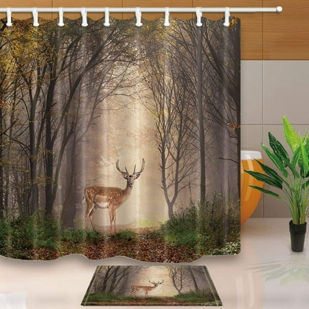 - BPBOP Natural Decor Cute Deer in the Magical Fog Forest Shower Curtain 66x72 inches with Floor Doormat Bath Rugs 15.7x23.6 inches