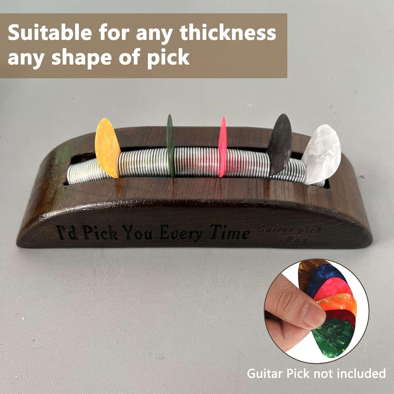 Wooden Guitar Pick Holder: Guitar Pick Display Case Holder, Guitar Pick Stand, Exquisite Guitar Accessories Guitar and Bass Gift, 6.69 * 1.77 * 1.97 inch Organizers (Dark Brown)