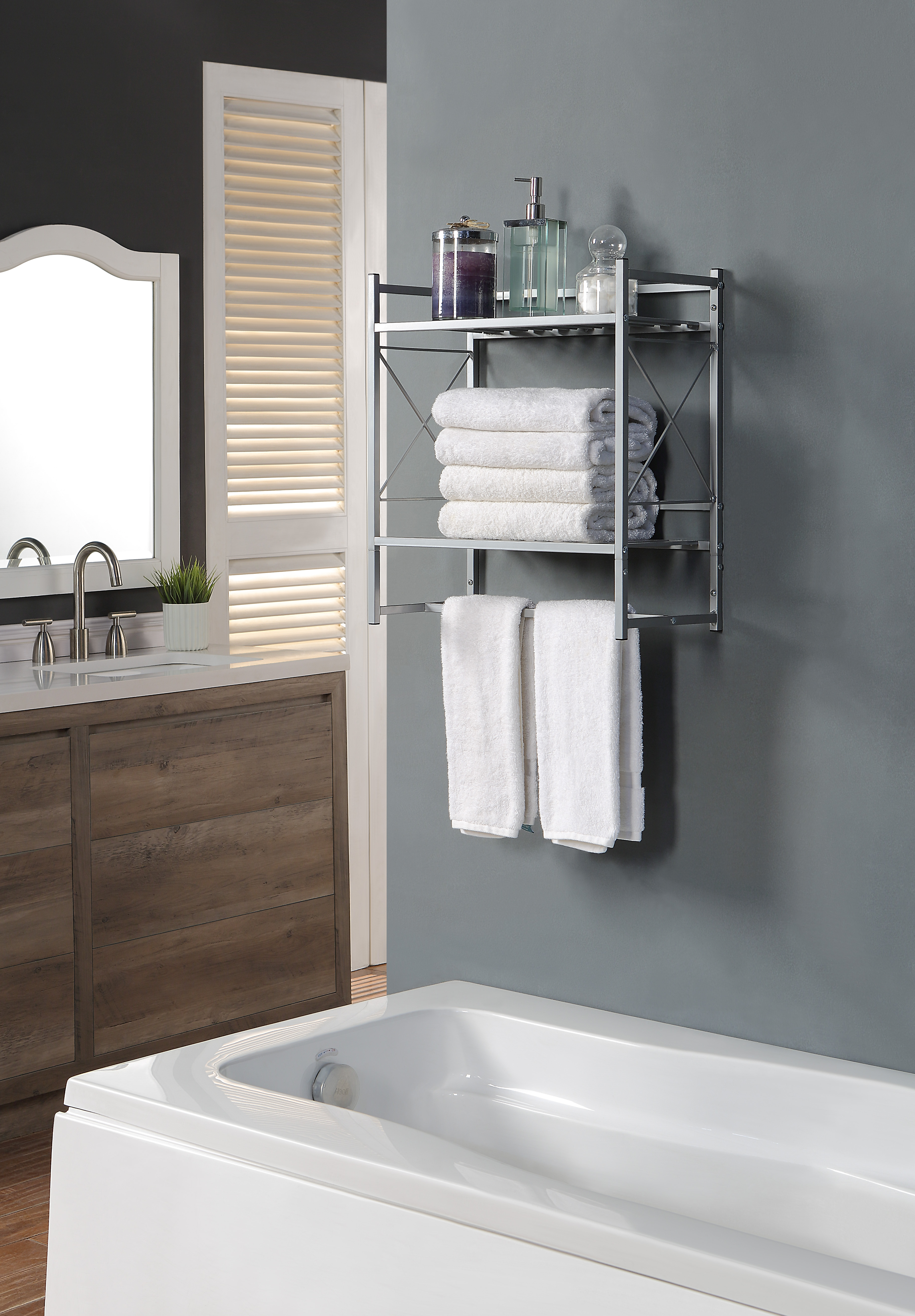 SunnyPoint Classic Square Bathroom Shelf Tier Shelf with Towel Bar Wall  Mounted Shower Storage (Classic Wall Mount SIL)