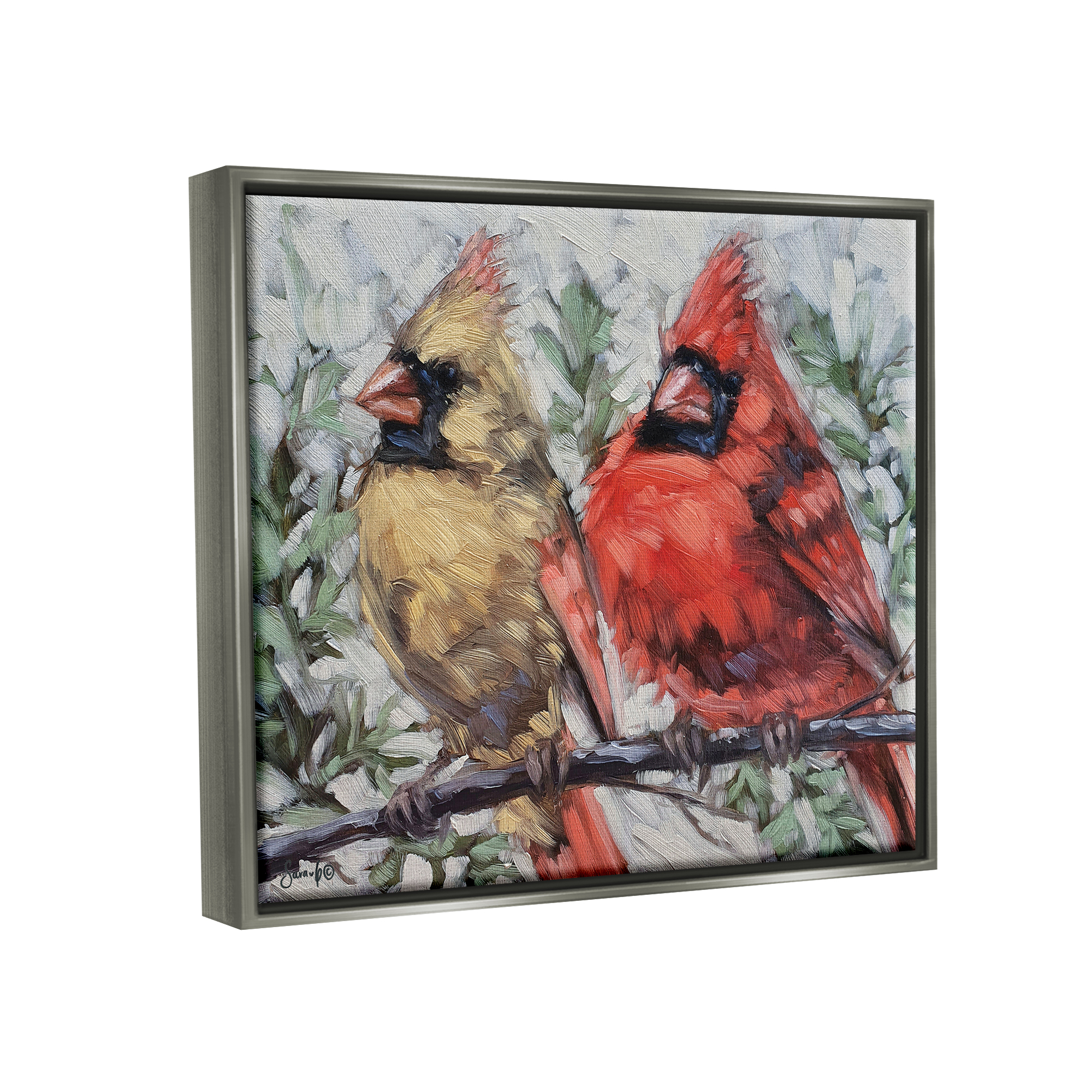 Stupell Two Cardinals Perched Winter Trees Animals & Insects Painting Gray Floater Framed Art Print Wall Art