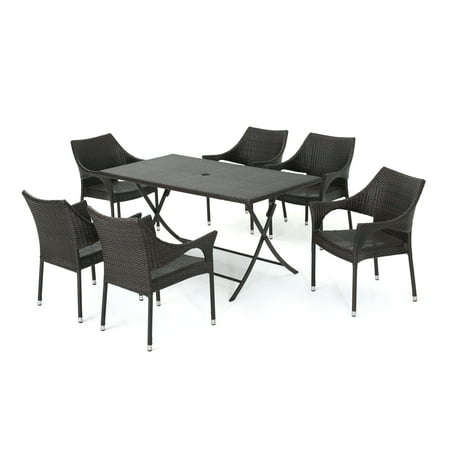 Outdoor 7 Piece Wicker Dining Set with Foldable Table and Stacking Chairs, Multibrown