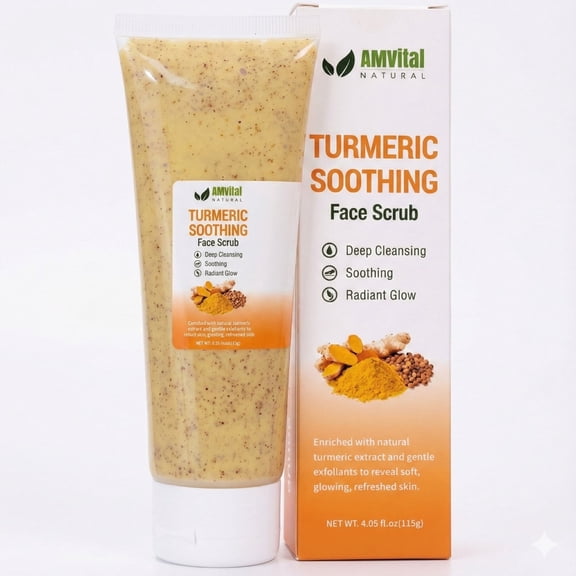 AMVital Turmeric Soothing Face Scrub - Gentle Daily Cleanser for Clear, Calm Skin Made with Natural and Organic Ingredients, For All Skin Types