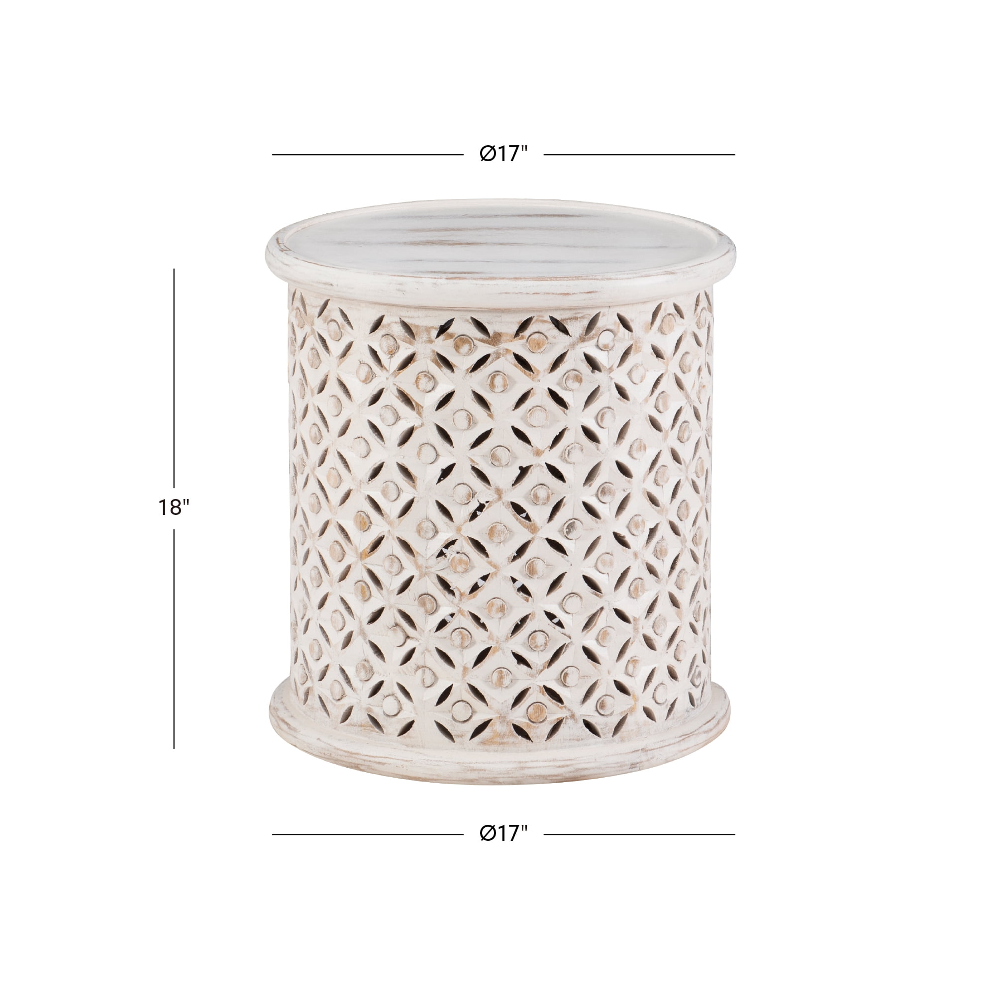 Powell Kacey Carved Wood Round Indoor End Table, 18" Tall, White