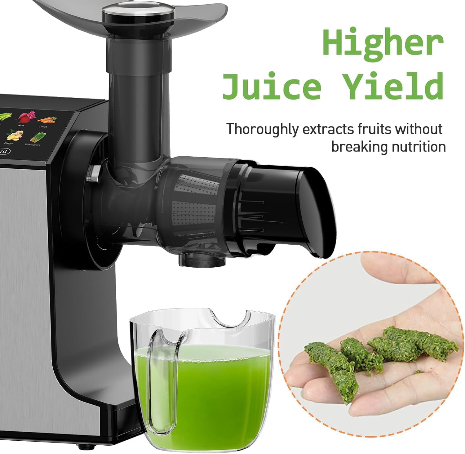 WHALL Masticating Slow Juicer, Grey - 2 Speed Modes, Touchscreen Control, Easy Clean, Cold Press Juicer for Fruits and Vegetables