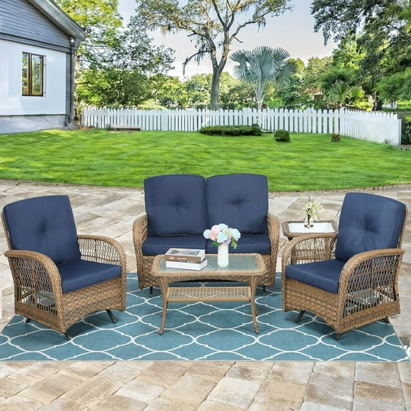 5 Pieces Outdoor Wicker Patio Furniture Set, All Weather Patio Conversation Cushioned Sectional Sofa Set with Glider Loveseat/2 Swing Glider Chairs/2 Matching Glass Coffee Table, Navy