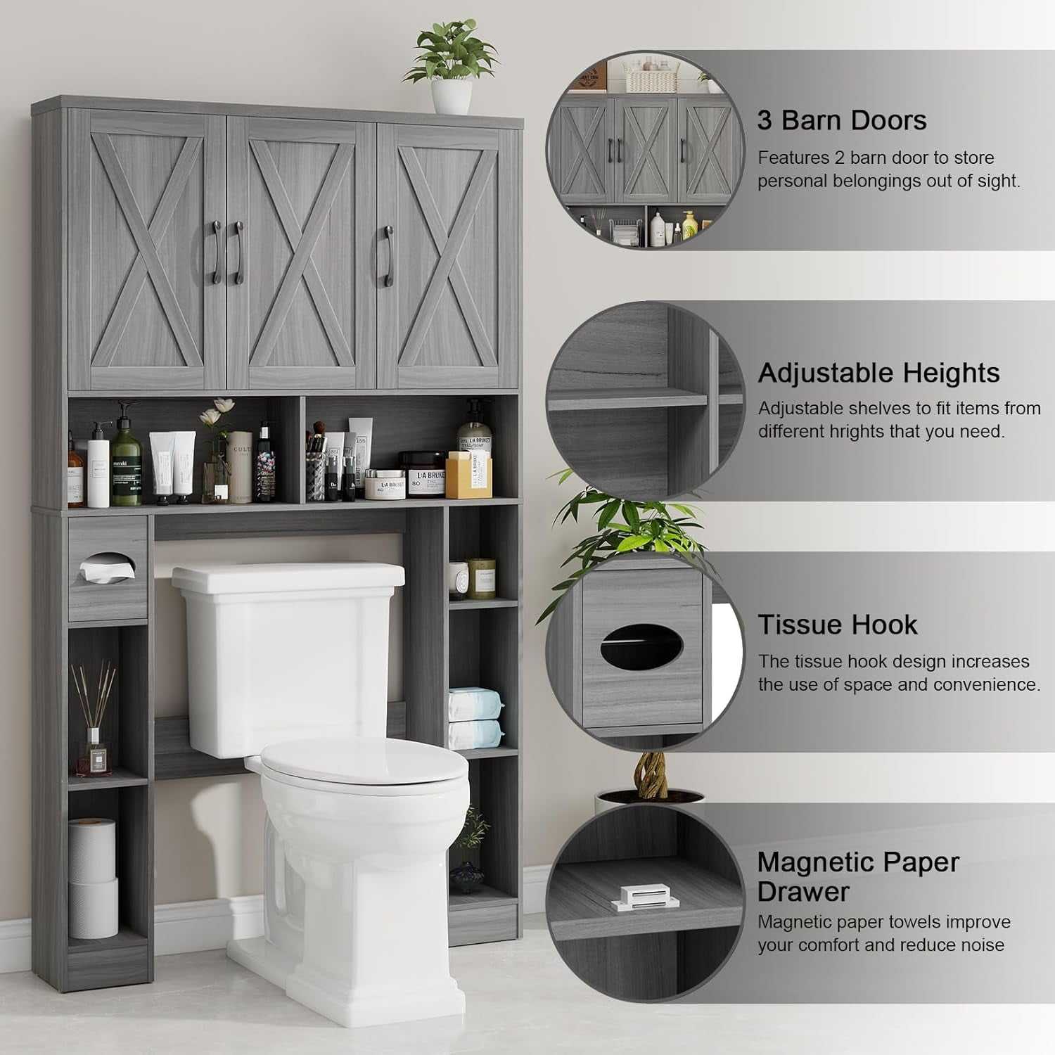 Vabches 67" Over The Toilet Storage Cabinet with Adjustable Shelf and Paper Holder, Freestanding Bathroom Storage Organizer with Open Storage Shelf