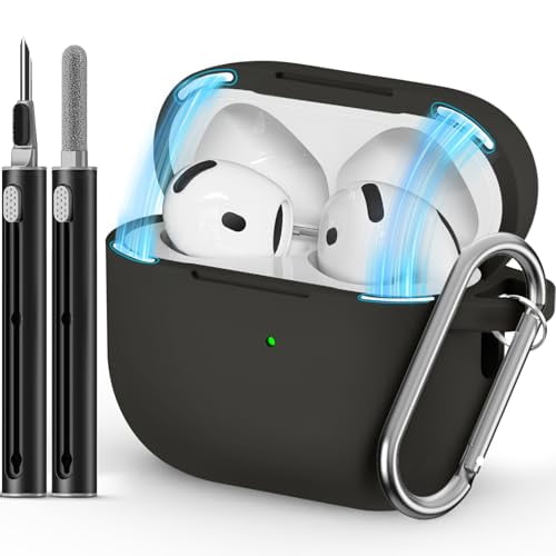 Funda de Silicona Negra para AirPods 4 (2024) con Cierre Magnético y Llavero que Incluye Kit de Limpieza 3 en 1 para Protección Total