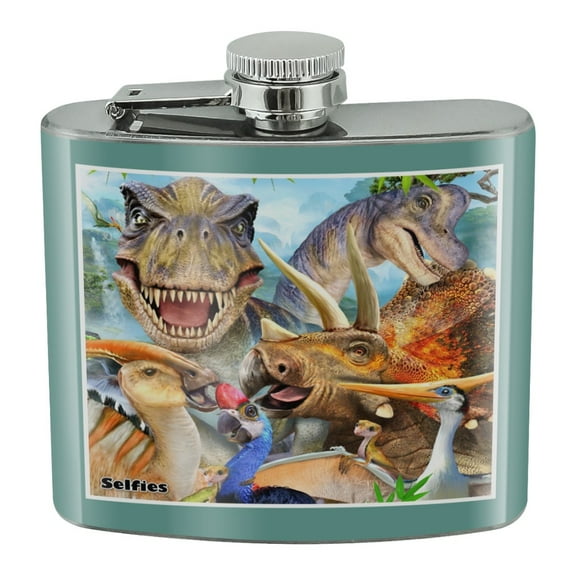 Dinosaur Jurassic Selfie T-Rex Triceratops Brontosaurus Pterodactyl Parasaurolophus Stainless Steel 5oz Hip Drink Kidney Flask