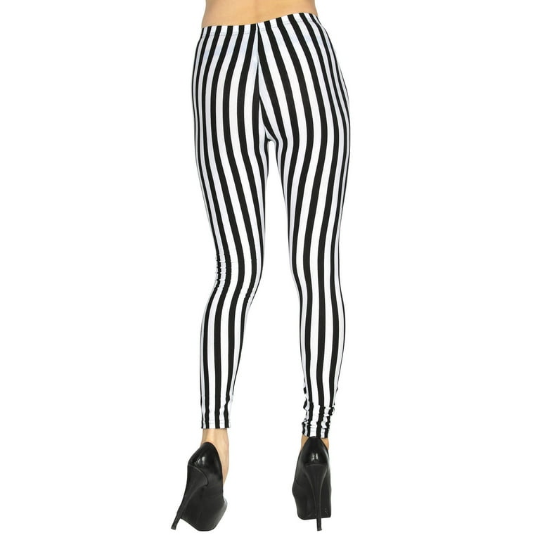 Women's Soft Black White Veftical Striped Leggings w/Back Pockets