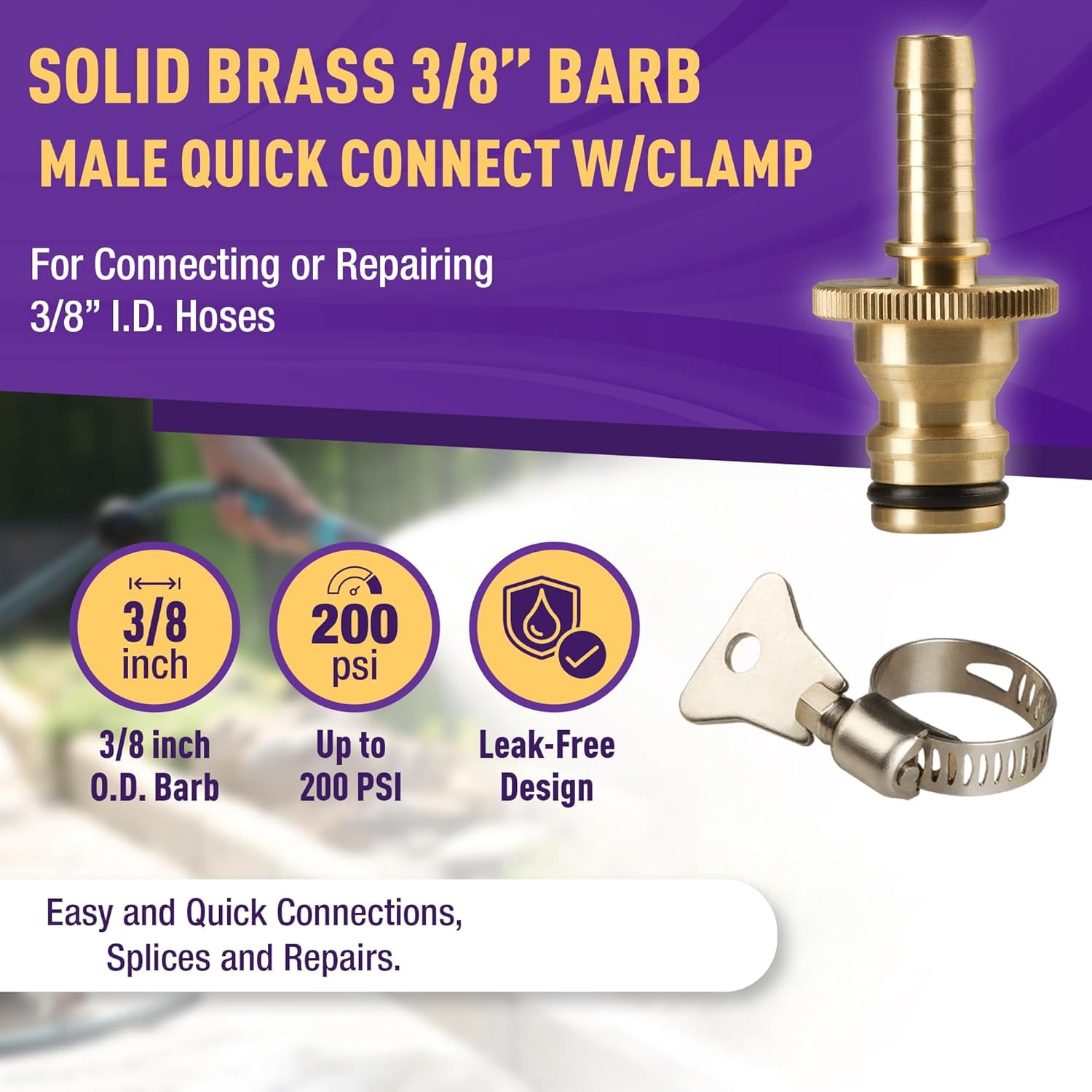 FRKSMD-Quick Connect Garden Hose Repair Kit Barbs with Integrated Male Quick Connector and Included Hose Clamps