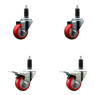 3 Inch SS Red Poly Swivel 1-1/8 Inch Expanding Stem Caster Set 2 Brakes