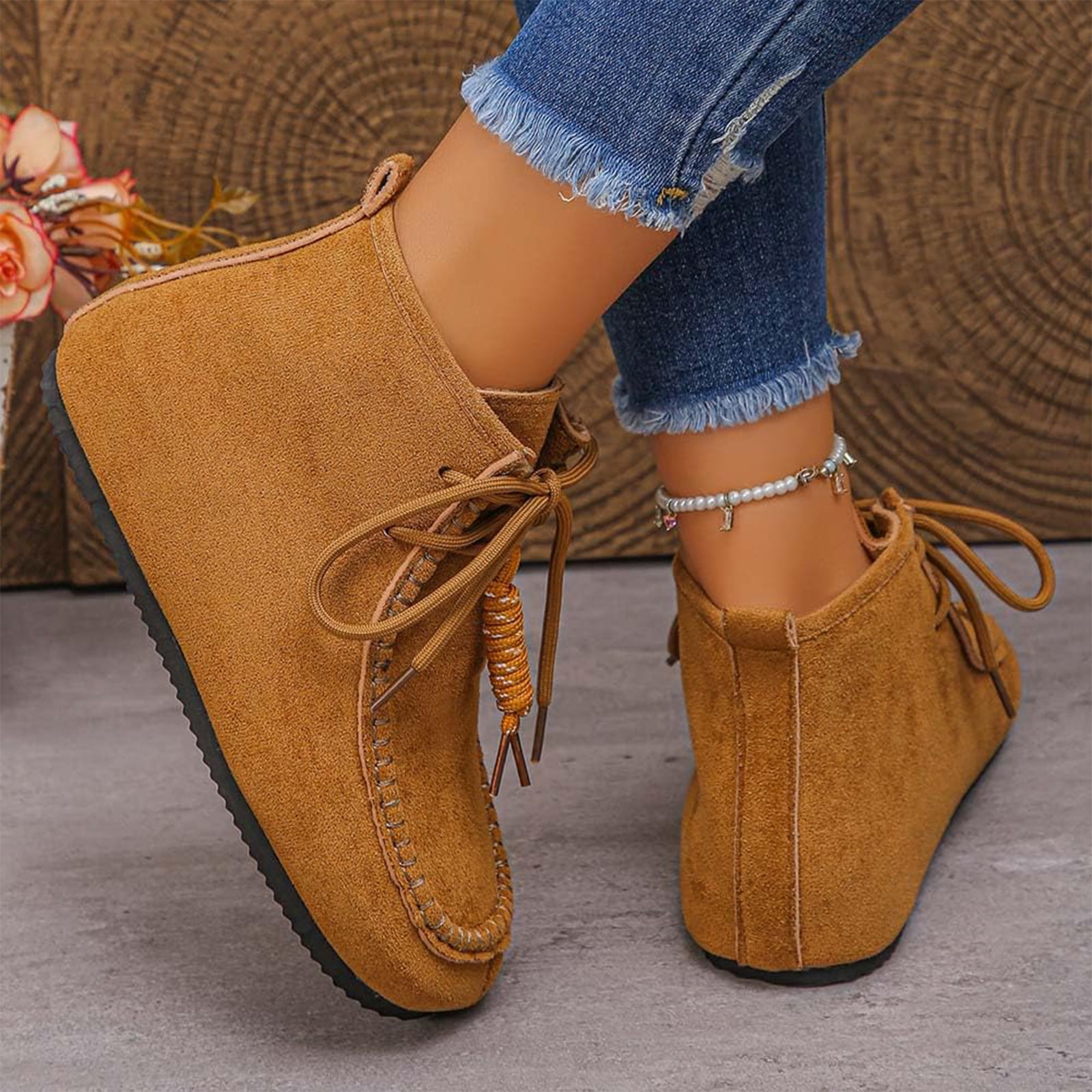 Willtoo Flat boots for Women Faux Suede Lace Up Ankle Boots Wide Round Toe Retro Style Street Footwear Flat Ankle Booties Brown