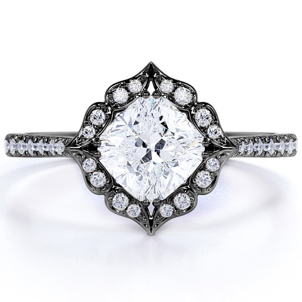 JeenMata Compass 1.25 Carat Cushion Cut Engagement Ring - Vintage Engagement Ring - in 18k Black Gold over Silver
