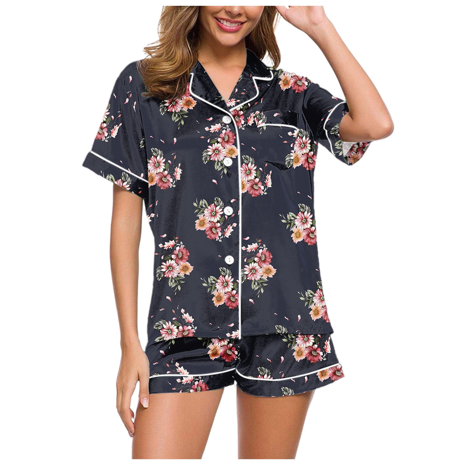 JHLZHS Short Sets for Women 2 Piece Vacation Plus Womens Pajama Sets Silk Satin Short Sleeve Button Down Sleepwear Top and Shorts Womens Shorts Sets 2