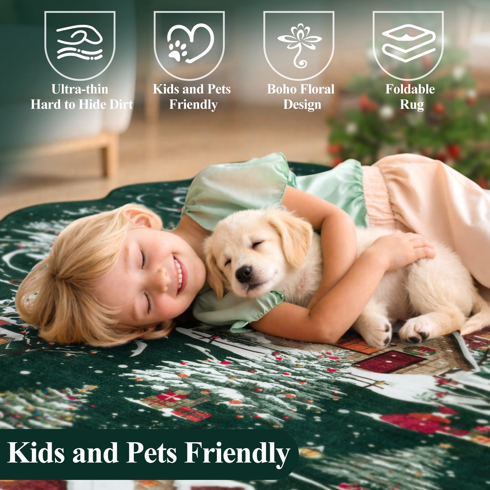 Wonnitar Christmas 8x10 Area Rug for Living Room, Green Washable Rug Non Slip, Soft Christmas Tree Santa Claus Holiday Decor Carpet for Bedroom Kids Room Dining Room Playroom