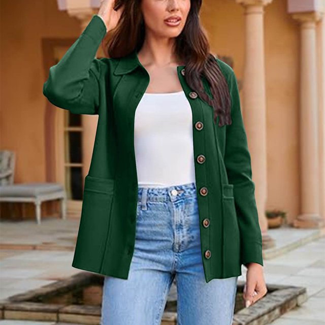 Puntoco Chaqueta Y Blusa De Manga Larga Con Botones Y Solapa De Color Liso Para Mujer