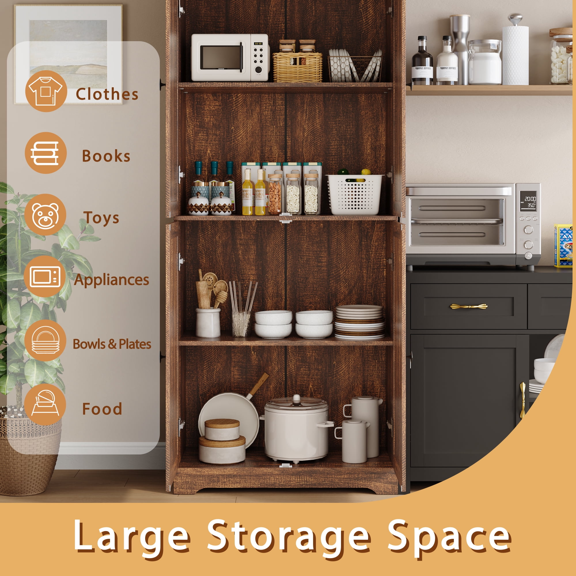 YouTrend 72'' Farmhouse Kitchen Pantry Cabinet with 4 Barn Doors,Storage Cabinet W/ 4 Shelves for Living Room,Kitchen,Bathroom,Brown