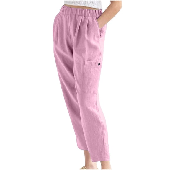 Linen Pants for Women, Elastic Waist Casual Spring Lounge Pants Soft Straight Leg Cropped Trouser with Pockets