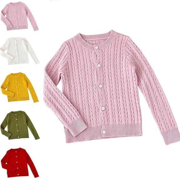 Afuyipoi Girls Cable Knit Cardigan Size 1-15 Long Sleeve Button Down Solid Sweater for Kids School Daily Casual Pink Size 2T