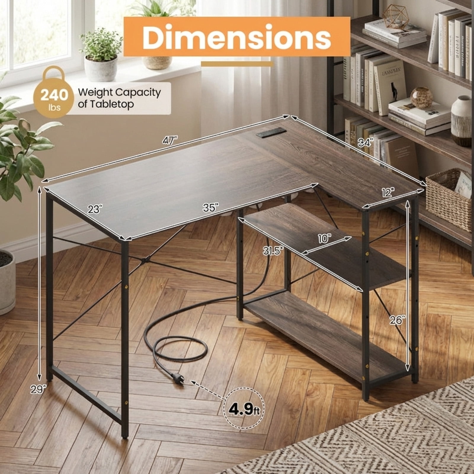 Furnibear L Shaped 47 Inch Reversible Corner Desk with Charging Station USB Type-C Adjustable Storage Shelves Metal Frame Gray
