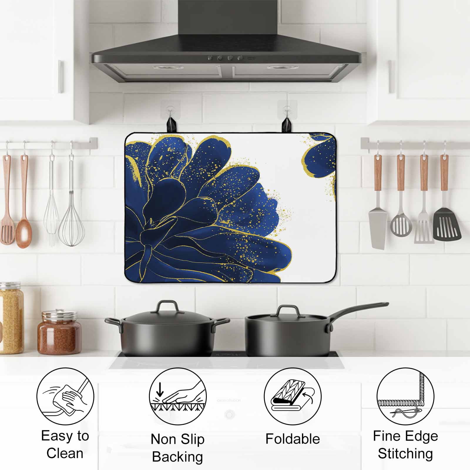 Navy Blue Gold Stove Top Cover for Electric Stove, Heat-proof & Non Slip Glass Top Stove Cover Protector, Abstract Line Art Troditional Ink Painting Kitchen Flat Cooktop Rubber Mat 31x24 Inches