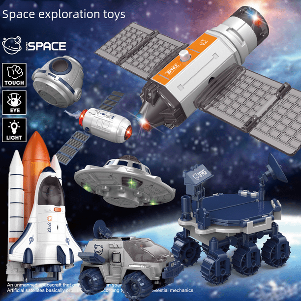 Plataforma de lanzamiento de cohetes para aviones espaciales acústico-ópticos para niños, vehículo espacial, cápsula de retorno de satélite OVNI y astronauta